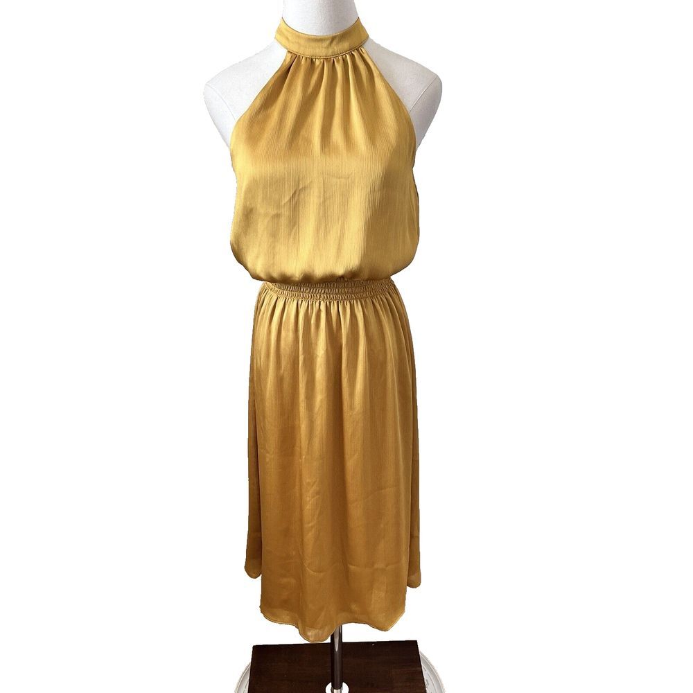Trina Turk Gold Halter Midi Dress‎ Pleated Sleeveless Size S Evening Cocktail